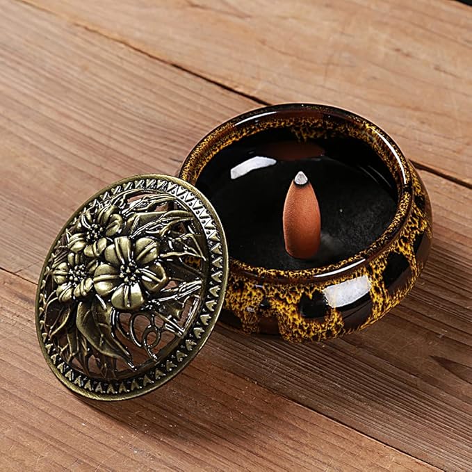 Incense Burner with Calabash Incense Stick Holder - Porcelain Charcoal Censer for Use with Resin Granular Powder Cone or Coil Incense (Fambe Yellow) - Bloomnest