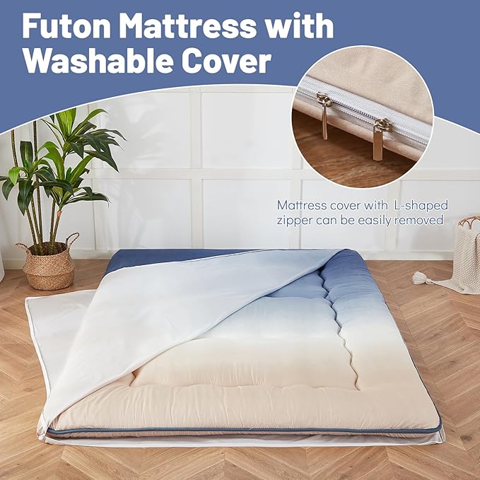 Japanese Floor Mattress, Futon Mattress with Portable Storage Bag and Washable Cover, Roll Up Thick Tatami Mat Suitable for Camping, Guest Room (Coastal Gradient, Queen) - Bloomnest
