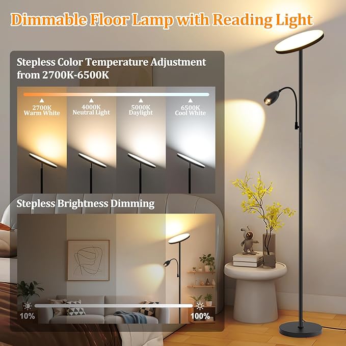 LED Torchiere Floor Lamp with Gooseneck Reading Light, 69" Dimmable Reading Floor Lamp with Adjustable Color Beam, Remote Control Standing Lamp, Zoomable Spotlight for Living Room,Bedroom,Office,Black - Bloomnest