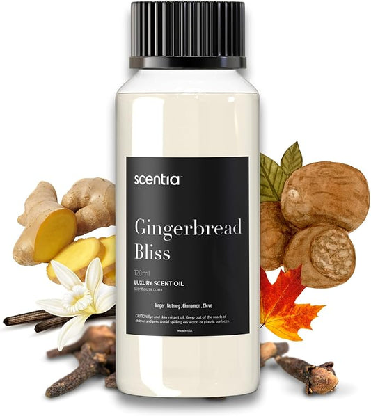 Scentia Gingerbread Bliss Fragrance Oil – 120ml Christmas Diffuser Oil | Cozy Holiday Blend with Nutmeg, Cinnamon & Vanilla | Aromatherapy for Home, Candles, Soaps & Holiday Décor | Made in USA Scentia