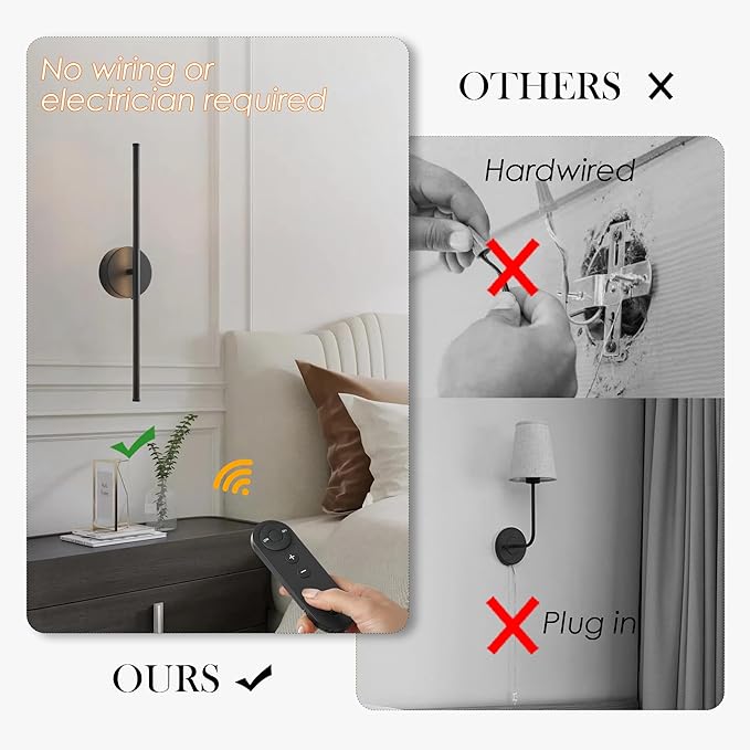 Battery Operated Wall Sconces, Dimmable Wall Sconces Set of Two, 350°Rotate, 3000K LED Black Wireless Wall Light for Living Room, Bedroom,Hallway, 20.4 Inch (2 Pack) - Bloomnest