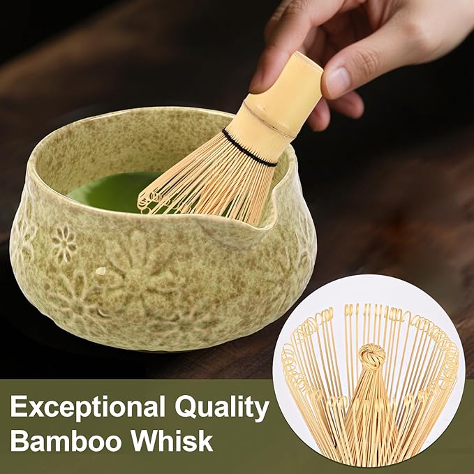 Matcha Whisk Set, 7 Pcs Matcha Kit Includes Matcha Bowl, Whisk and Holder, Bamboo Scoop, Scoop Rest, Sifter and Tea Towel, Gift for Matcha Lover (Mottled Green) - Bloomnest