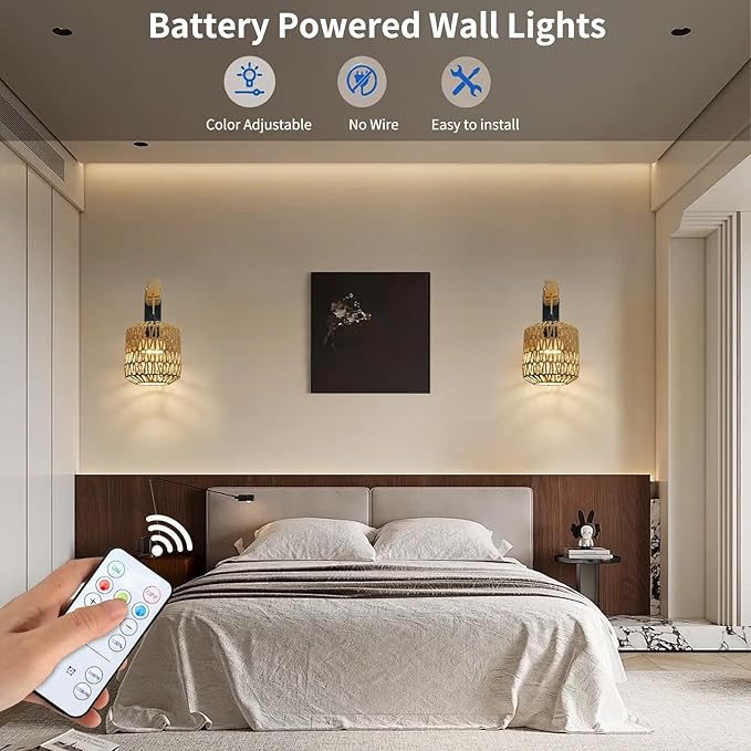 Battery Operated Wall Sconce Set of Two, Rechargeable Rattan Wall Sconces with Remote RGB 15 Colors Dimmable, Farmhouse Boho Wall Lights for Bedroom Living Room Entryway - Bloomnest