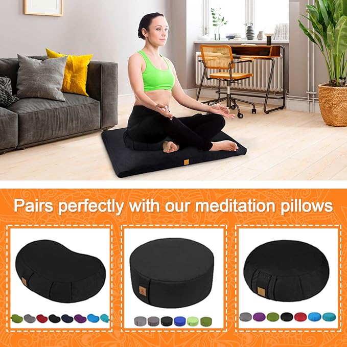 Zabuton Meditation Mat (36"×28"×3") Luxurious Meditation Cushion for Kneeling Sitting Large Floor Pillow Zafu/Bench-Washable Cotton Cover 100% Organic Cotton Filling (Black) - Bloomnest