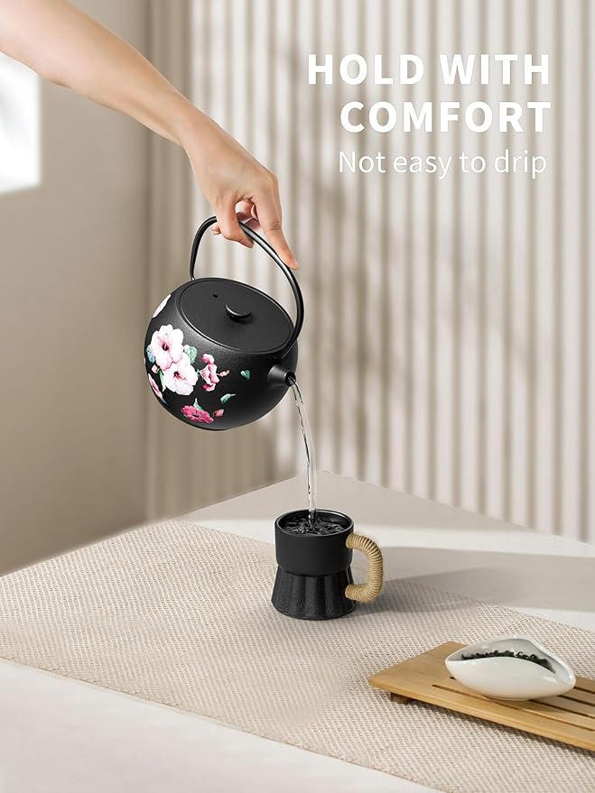 Toptier Teapot with Removable Infuser, Cast Iron Tea Kettle Stovetop Safe, Solid Geometry Ball Design Tea Pot Coated with Enameled Interior for 32 Ounce (950 ml), Morning Glory - Bloomnest