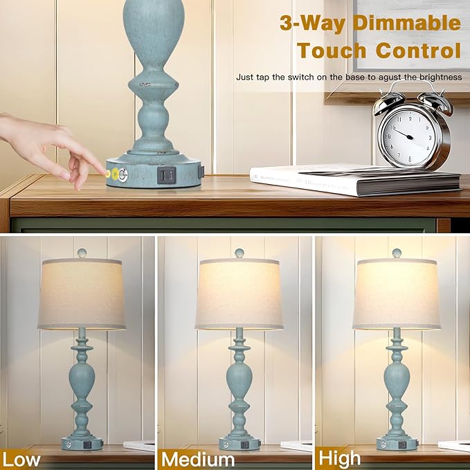 27.5" Coastal Table Lamp for Living Room Set of 2,Retro Blue Bedside Nightstand Lamps with USB C+A Ports & AC Outlet,3-Way Dimmable Touch Control Desk Lamp for Bedroom - Bloomnest