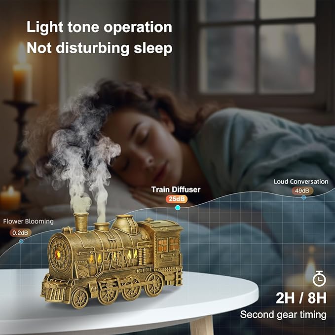 Train Diffuser 300ml, Aromatherapy Diffuser Cool Mist Ultrasonic Aroma Train Diffuser with Remote Control 2 Light 2 Mist Mode Auto Shut-Off for Bedroom Office Hotel(Bronze) - Bloomnest