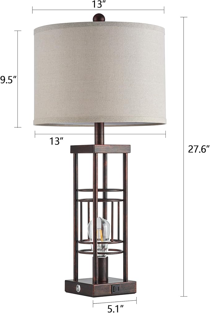 Table Lamp for Living Room Set of 2 with USB Charging Ports, 3-Way Dimmable 27.6" Farmhouse Lamps for Bedroom, Rustic Bedside Lamp, Industrial Nightstand Lamps,Bulbs Included - Bloomnest