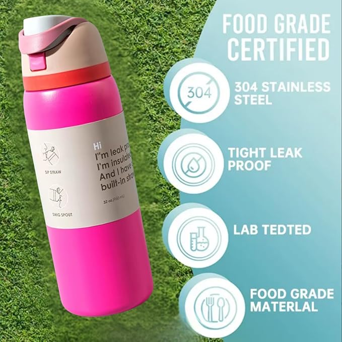 DUTHINGS Insulated Stainless Steel Water Bottle with Straw, 32 oz, Reusable Sports and Travel Bottle for School, Kids, and Outdoors - Leakproof and BPA-Free (FUCHSIA/32) Bloomnest