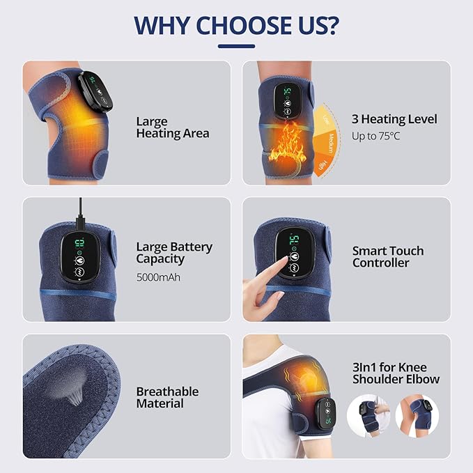 MOAJAZA Cordless Knee Massager with Heat and Vibration, Heating Pad for Knee Shoulder Elbow, Heated Knee Brace for Arthritis (Pack of 1 Blue) - Bloomnest