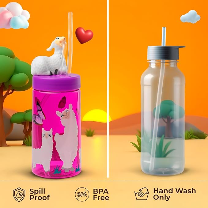 Kids Water Bottle, Toddler Cups, Tumbler with Lid and Straw, Travel Sippy Cup for Water or Milk, Kids Cups with Lids for Toddlers 3 and Up, BPA Free Plastic, 12 oz (Trend Zoo Llama) - Bloomnest