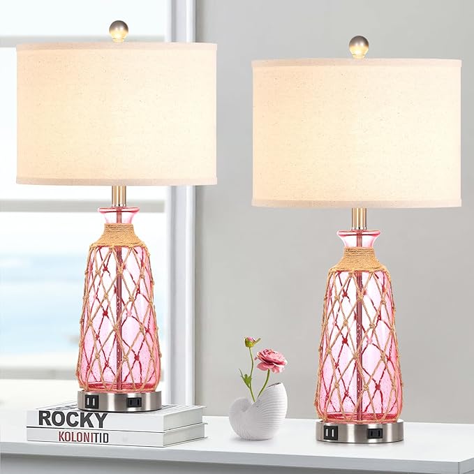 25.5" Coastal Glass Table Lamps Set of 2, 3-Way Dimmable Touch Control Bedside Lamps with 2 USB Ports and AC Outlet, Pink Nautical Nightstand Lamps for Bedroom Living Room (LED Bulbs Included) - Bloomnest