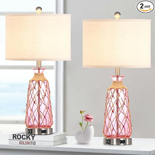 25.5" Coastal Glass Table Lamps Set of 2, 3-Way Dimmable Touch Control Bedside Lamps with 2 USB Ports and AC Outlet, Pink Nautical Nightstand Lamps for Bedroom Living Room (LED Bulbs Included) - Bloomnest