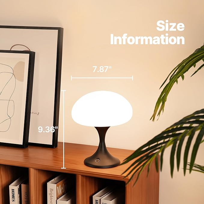 Mushroom Lamp, 5W LED Cordless Rechargeable Table Lamp with Glass Shade, Small Retro Dimmable Touch Light with 3 Color Temps, Aesthetic Mid Century Bedside Light for Bedroom Ambient, Black - Bloomnest