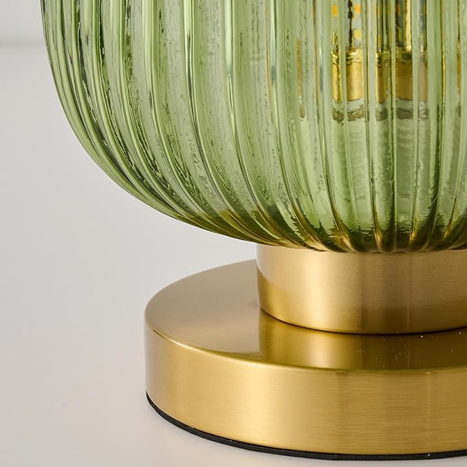 Mid Century Green Table Lamp: Vintage Ribbed Globe Pumpkin Glass Dimmable Plug in Small Bedside Lamps - Cute Brass Gold Modern Side Table Lamp Nightstand Light for Bedroom Entryway Desk Living Room - Bloomnest