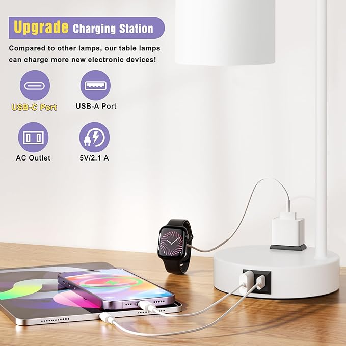 Innqoo Industrial White Table Lamps for Bedrooms Set of 2-3-Way Dimmable Desk Lamp with USB C+A Ports and Outlet, White Lamps with Opal Glass Shade for Living Room - Bloomnest
