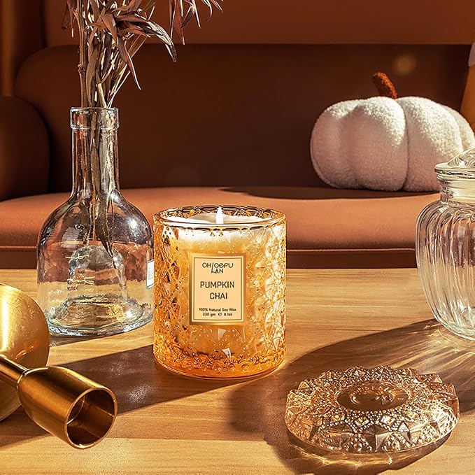 Chloefu LAN Pumpkin Chai Candles Halloween Candle Gift, Farmhouse Candles for Home, Luxury Scented Soy Jar Fall Candle with up to 55 Hour Long Lasting, Home Decor, Barn Fall Decor Pottery, 8.1oz - Bloomnest