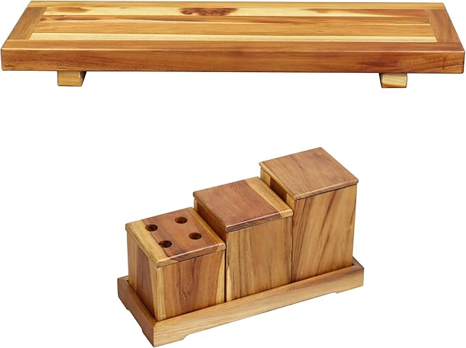 EcoDecors 29 inch Bath Caddy Tray for Bathtub with Eleganto 3 Piece Teak Wood Bath Amenities Set Bundle - Bloomnest