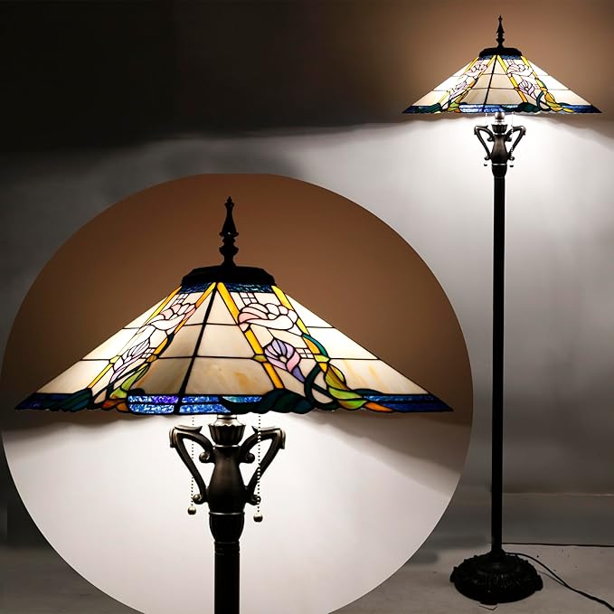 Tiffany Floor Lamp Pink Flower Mission Style Stained Glass Standing Reading Light 16X16X64 Inch - Bloomnest