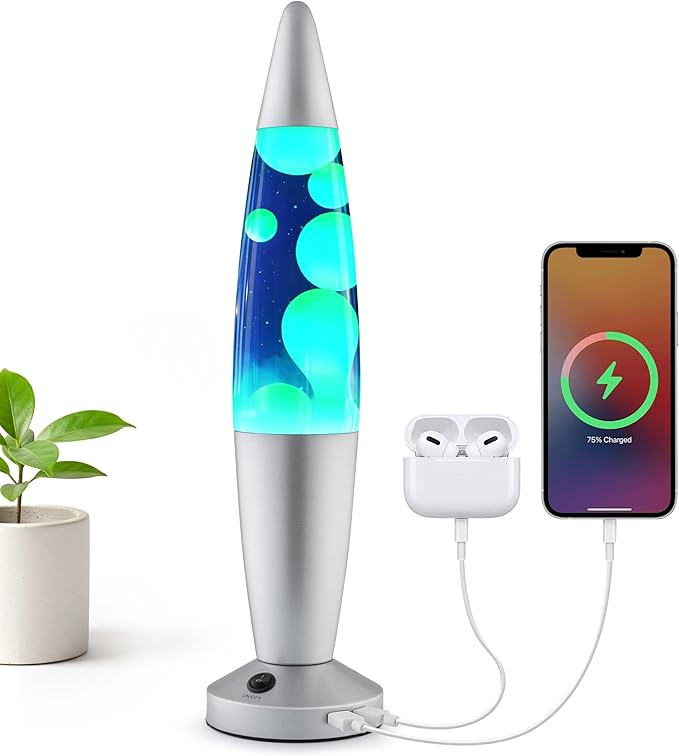 JAMBO Beautiful Liquid Lamp with USB Ports, 16" Motion Light with Blue Liquid Yellow Wax, Relaxing Nightlight, Mood Light for Bedroom, Living Room, Office - Adults, Teens, Kids - Bloomnest
