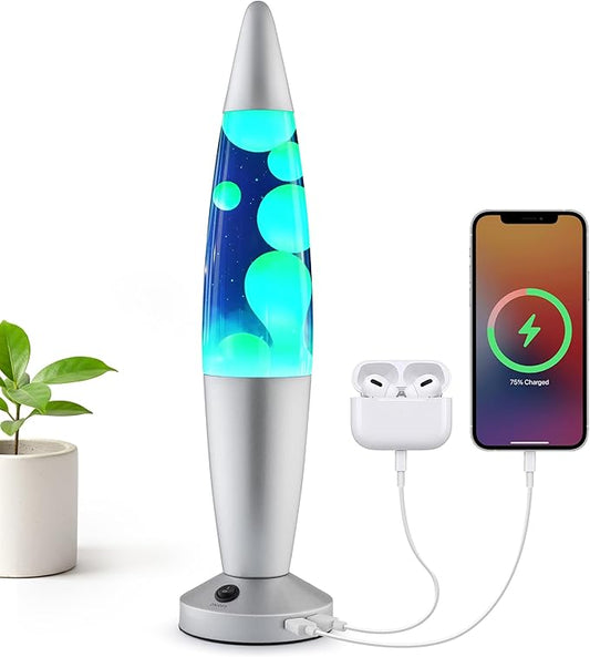 JAMBO Beautiful Liquid Lamp with USB Ports, 16" Motion Light with Blue Liquid Yellow Wax, Relaxing Nightlight, Mood Light for Bedroom, Living Room, Office - Adults, Teens, Kids - Bloomnest