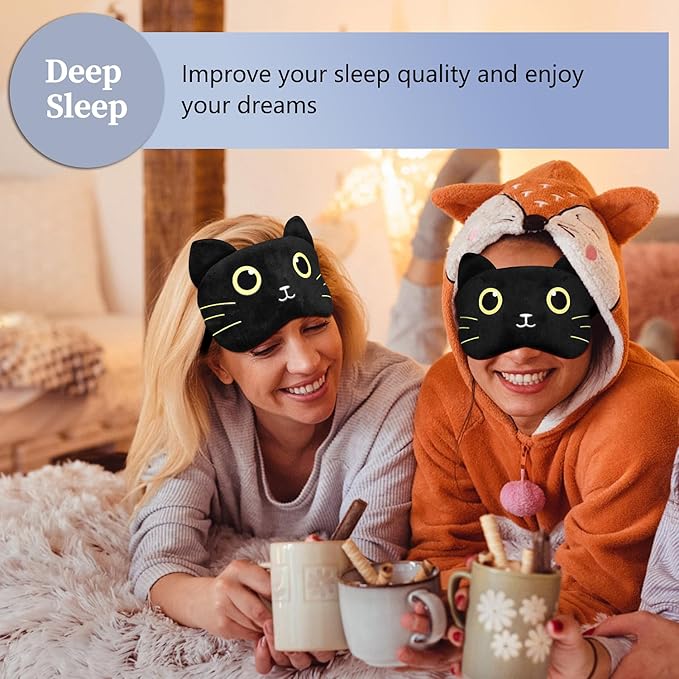 Cute Sleep Masks Cartoon Animal Cat Eye Mask Plush Sleeping Mask & Travel Blindfold - Funny Kitten Eye Shade for Kids, Girls & Adults (Black Cat-2) - Bloomnest