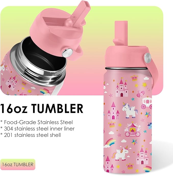 Unicorn Gifts 16 oz Water Bottle with Straw Lid, Stainless Steel Insulated Bottle, Leak Proof, BPA - Free, Cute Castle & Unicorn Tumbler for Birthday, Christmas, Daily Use, Travel (1pc) - Bloomnest