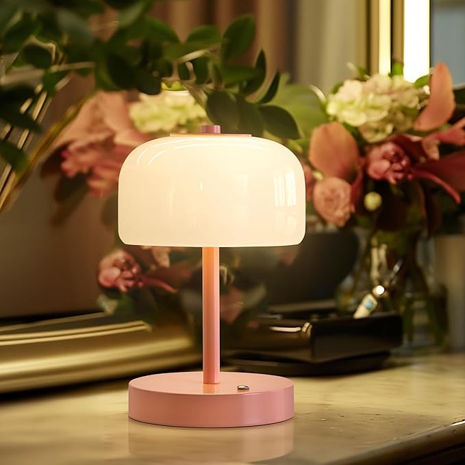 Oneach Portable Cordless Table Lamp, Rechargeable Battery Powered Lamp with Opal Glass Shade, 3-Way Dimmable LED Touch Mushroom Table Lamp for Bedroom, Bedside, Living Room, Dining Room, Patio, Pink - Bloomnest
