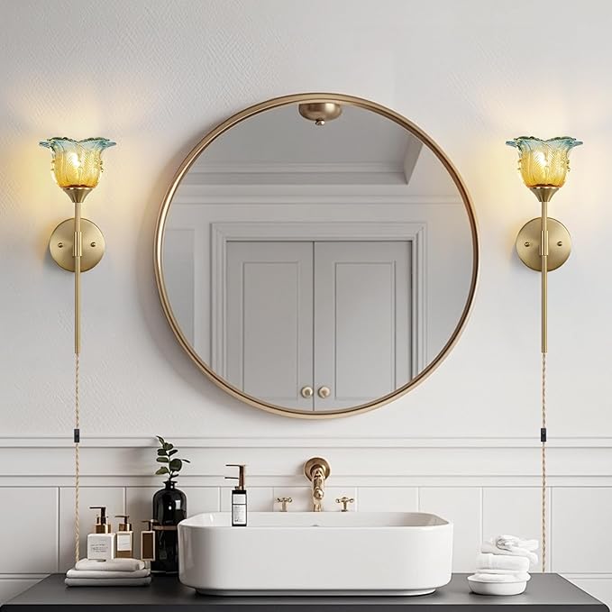 2 Pack Plug in Gold Wall Sconce with Modern Flower Glass Shades, Modern Mid Century Bathroom Vanity Wall Light Fixtures, Industrial Brushed Brass Wall Lamp, for Bedroom Mirror Living Room - Bloomnest