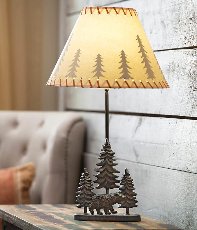 BLACK FOREST DECOR Bear & Trees Metal Table Lamp - Rustic Cabin Lighting - 24.5" x 8" x 3.75" - Bloomnest