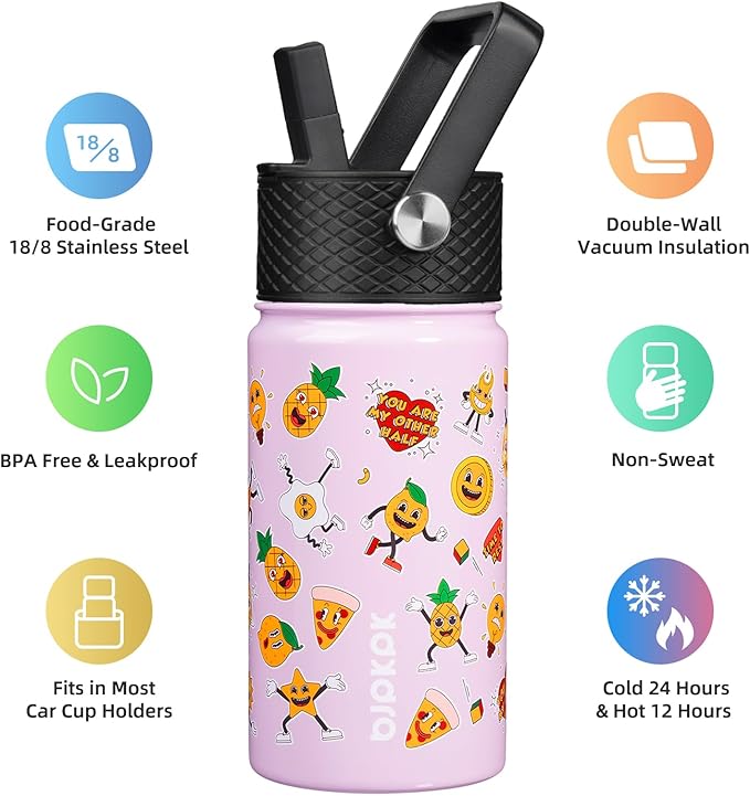 BJPKPK Insulated Water Bottle with Straw Lid, 15 oz Stainless Steel Metal Water Bottles, Reusable Leak Proof BPA Free Water Bottles, Cups, Thermo, Hawaii Fruits-Purple - Bloomnest