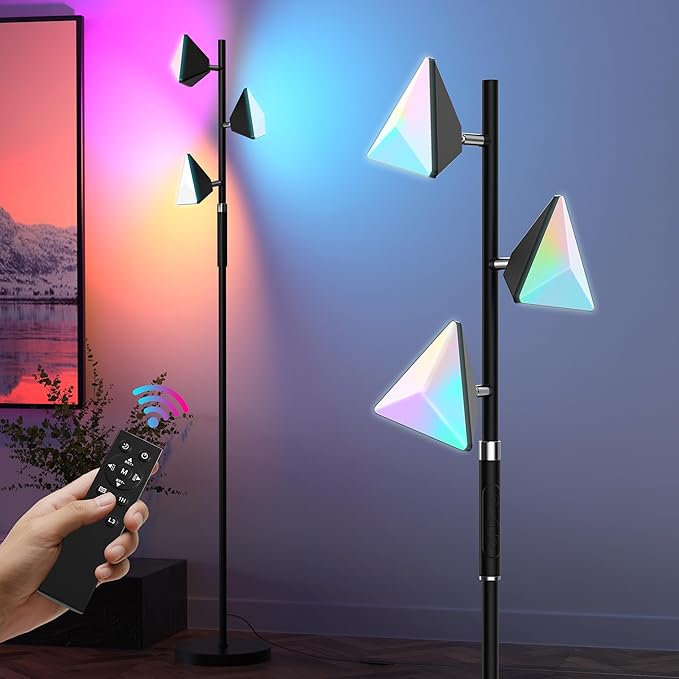 PARTPHONER RGB Tree Floor Lamp for Living Room, Stepless Dimmable Tall Standing Lamp with Remote, Touch Control and 3 Rotatable Light, Bright LED Lights for Bedroom with 4 Color-Changing, Black - Bloomnest