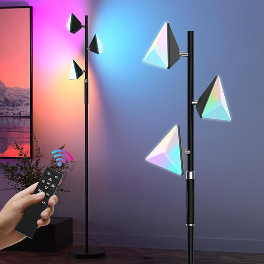 PARTPHONER RGB Tree Floor Lamp for Living Room, Stepless Dimmable Tall Standing Lamp with Remote, Touch Control and 3 Rotatable Light, Bright LED Lights for Bedroom with 4 Color-Changing, Black - Bloomnest