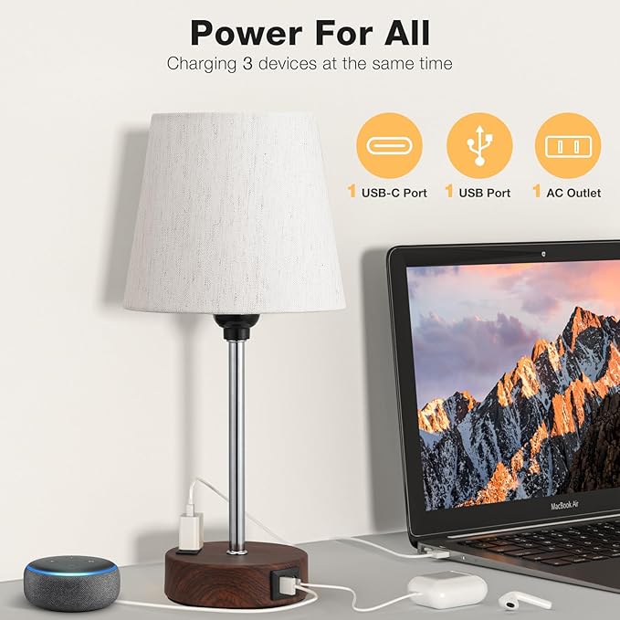 Acaxin Reddish Brown Bedside Lamps Set of 2 - Nightstand Bedroom Lamp with USB C Port and AC Outlet Charging, 3 Way Dimmable Touch Control Small Bed Side Table Lamp, Nightstand Light - Bloomnest