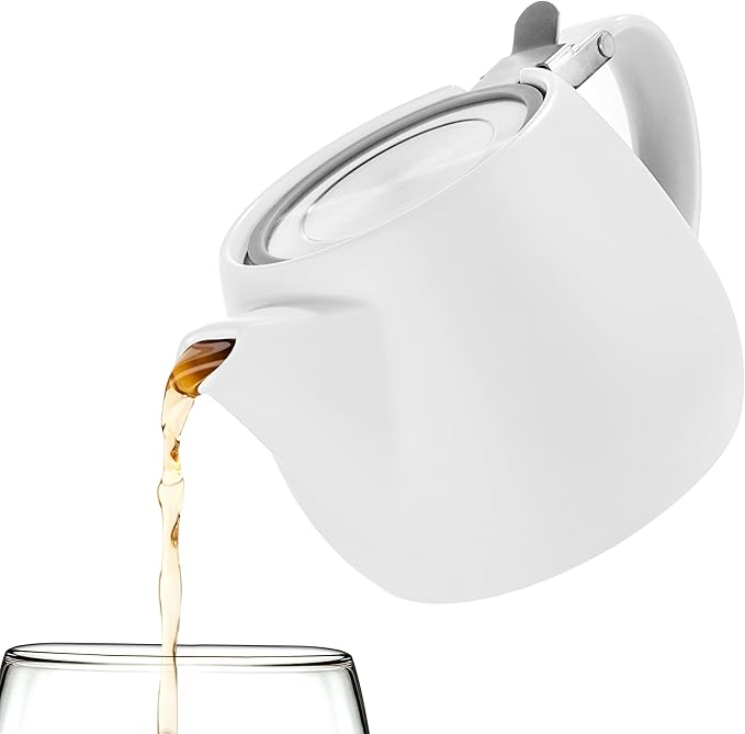 Tealyra - Pluto Porcelain Small Teapot White - 18.2-ounce (1-2 cups) - Matte Finish - Stainless Steel Lid and Extra-Fine Infuser To Brew Loose Leaf Tea - 540ml - Bloomnest