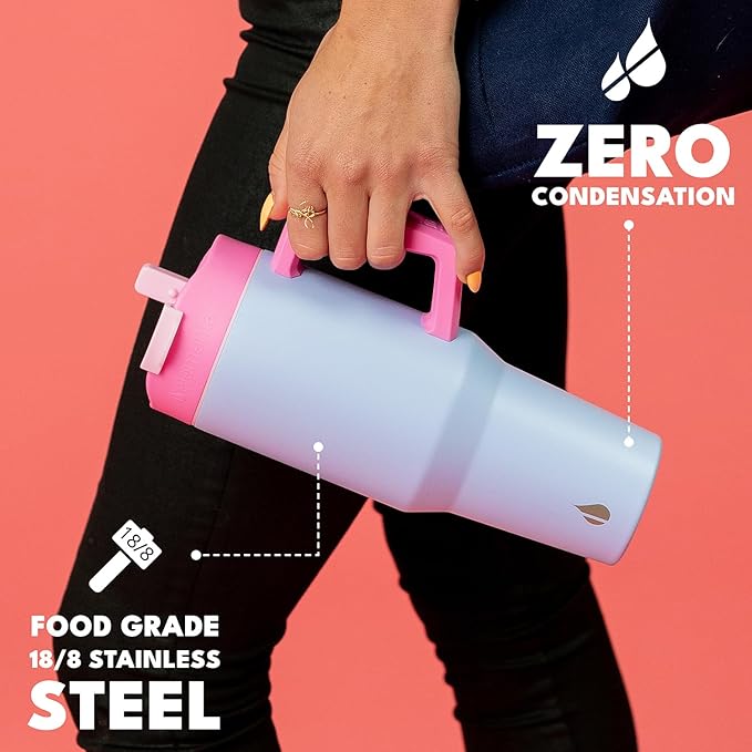 Elemental 32 oz 100% Leak Proof Tumbler with Handle & Straw - Stainless Steel Double Wall Insulated Tumbler for Hot and Cold Beverages - Travel Coffee Mug with Sip & Straw Lid - Lilac Tie Dye - Bloomnest