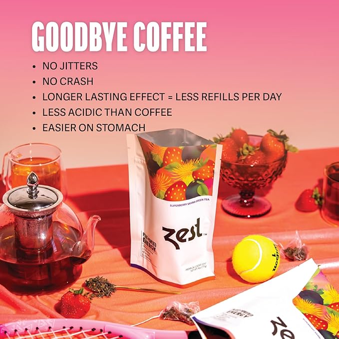 Zest Energy Green Tea - Superberry Samba - High Caffeine Strawberry, Acai, & Passion Fruit Tea - Caffeinated Coffee Altnernative with Antioxidants - Natural, Non-GMO & Keto - 20Ct Pack - 135mg Caf - Bloomnest