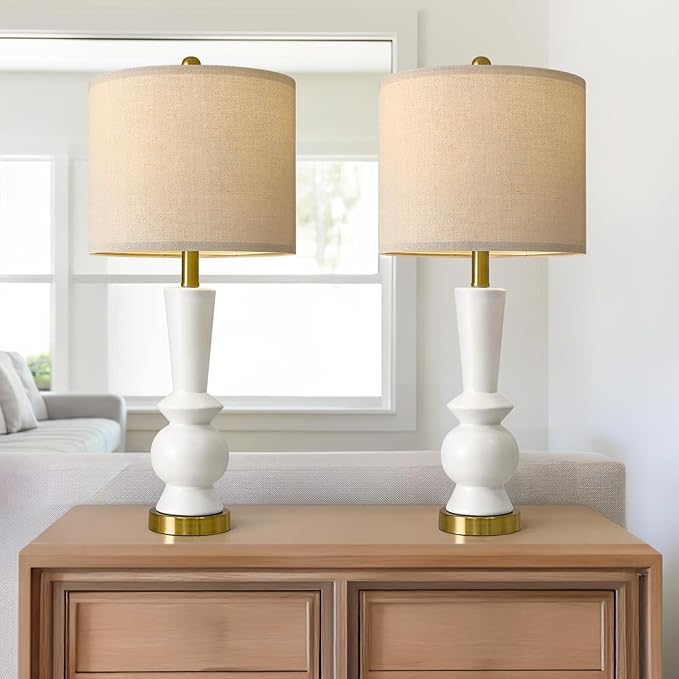 PORTRES 27" Modern Ceramic Table Lamp Set of 2 for Living Room White & Gold Bedside Lamps for Bedroom Nightstand Lamp Tall End Table Lamps - Bloomnest