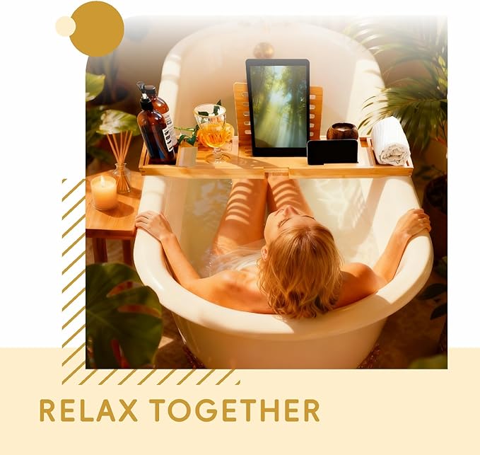Premium Foldable Bamboo Bathtub Tray Caddy, Expandable Bath Caddy Tray with Holder, Natural Bath Shelf Over Tub, Spa Bathroom Accessories & Gifts for Home - Bloomnest