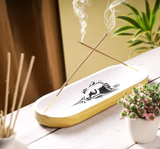 Bless-International Traditional-Handmade-Tray-Burner Wooden-Trat-Incense-Stick-Holder Ash-Catcher-Stand for-Aromatherapy-Meditation-Yoga (Black & White Buddha, 11x4x1.22 Inches) - Bloomnest