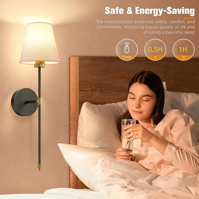 NIORSUN 19.9 inch Battery Operated Wall Sconce Set of 2,Gold-Black Rechargeable Wall Lights with 5200mAh Dimmable Detachable Bulbs and Remote,10 Colors Wireless Sconces for Bedroom Living Room Hallway - Bloomnest