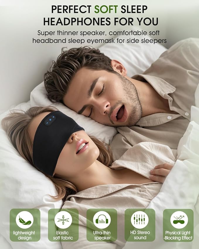 Bamboo Cotton Sleep Headphones,Ultra-Soft Wireless Headband Bluetooth for Side Sleepers, with 14H Playtime & Bluetooth 6.0, 4-in-1 Music Sleep Earphones for side sleeping(BLACK) - Bloomnest