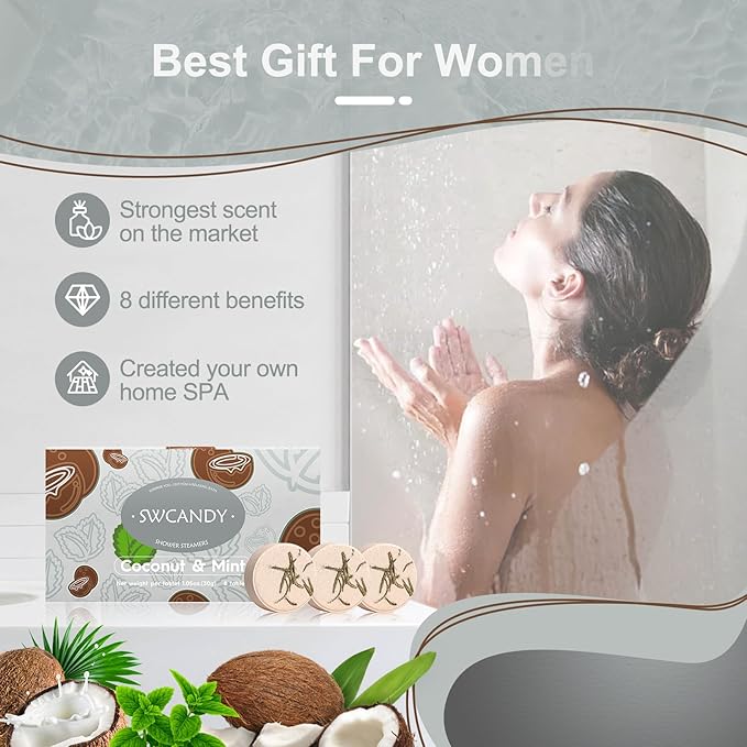 Shower Steamers Aromatherapy Birthday Gifts for Women Travel Essentials, 8 Pcs Coconut Mint, Bath Bombs Shower Bombs with Natural Essential Oils, Relaxation Home SPA - Bloomnest