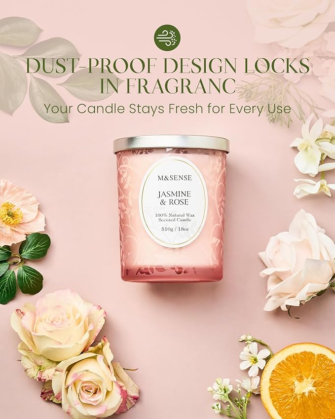 M&SENSE Jasmine Rose Candle, Cracking Wooden Wick Soy Wax, 18oz 100 Hours Long Lasting Clean Burn, Large Jar Candles for Home Scented, Non-Toxic Relaxing Aromatherapy Gifts for Women - Bloomnest
