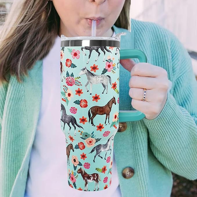 Ceovfoi 40 Oz Horse Tumbler With Handle, Coffee Travel Mug Cup Water Bottle, Horse Decor, Gifts for Women - Bloomnest
