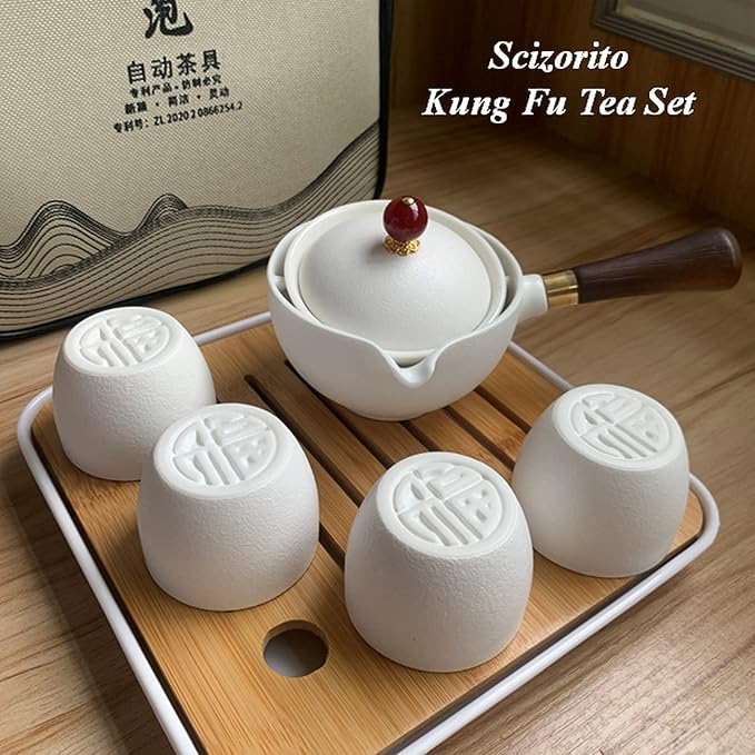 Ceramic Portable Travel Tea Set, Chinese Kungfu Tea Set with 360 Rotation Teapot and Infuser, 4 Tea Cups, Tea Tray And Travel Bag (Pure White)