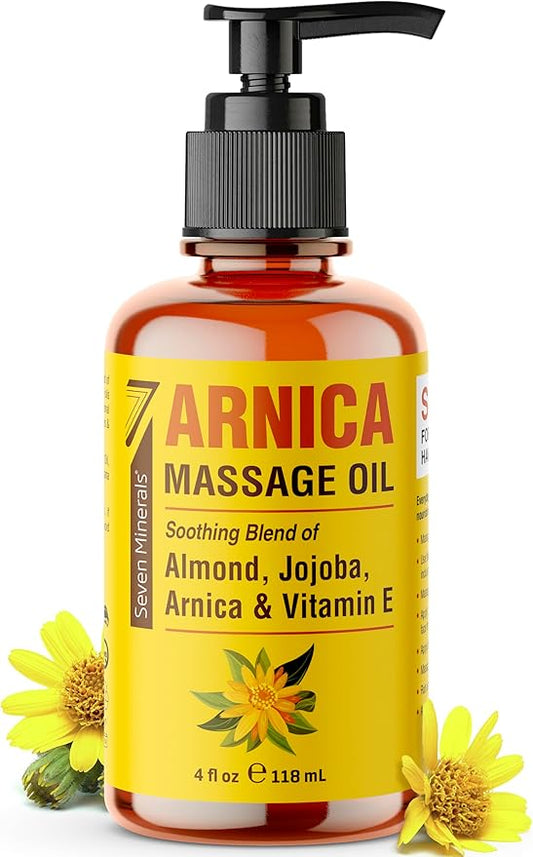 Seven Minerals Arnica Sore Muscle Massage Oil for Massage Therapy - 4 oz - Ideal for Professional or at-Home Body Massage.