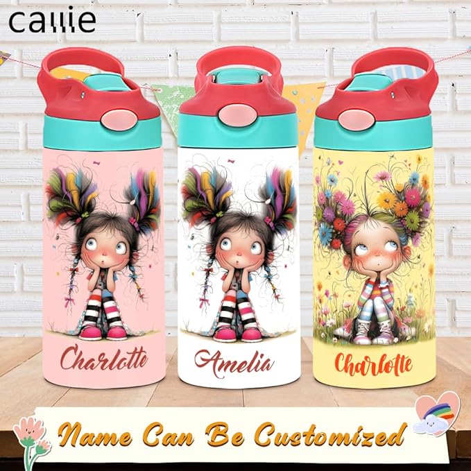 callie Personalized Quirky Water Bottle for Girls, Custom 12 oz Insulated Leak Proof Lid Stainless Steel Cups with Handle Straw, Gifts for Girls - Bloomnest