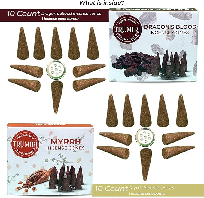 TRUMIRI Incense Cones - Combo Pack of 20 Cone Incense - 10 Myrrh + 10 Dragons Blood - Insence Cones - Incense Cones Scented - Cone Incense Scents - Insense Cones - Incent Cone TRUMIRI