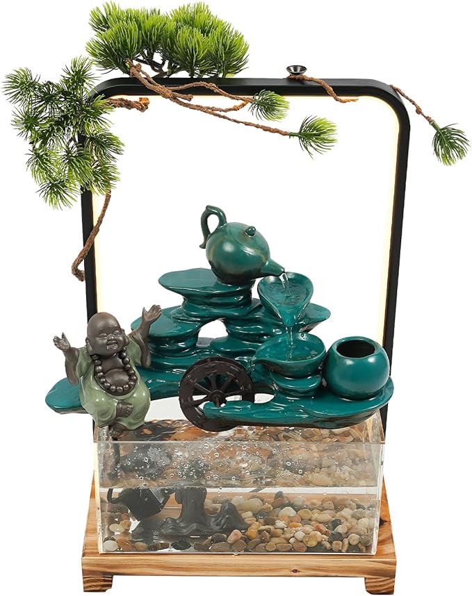 Zen Tabletop Fountain with LED Lights, Handcrafted Ceramic Waterfall Decoration with Fish Tank, Tea Set & Pine Tree for Home/Office, Relaxing Gift for Stress Relief & Good Fortune